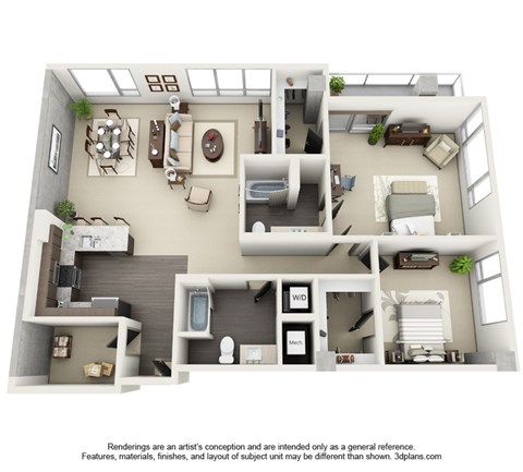 Floor plan for 2 beds, 2 baths, 1690 sqft